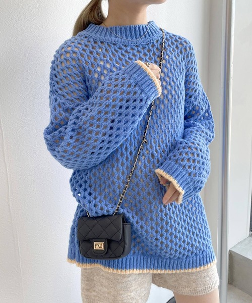 w closet（ダブルクローゼット）の「メッシュニット（ニット/セーター・レディース・ベージュ/オフホワイト/ブルー/ライム・FREE）」の4枚目の写真