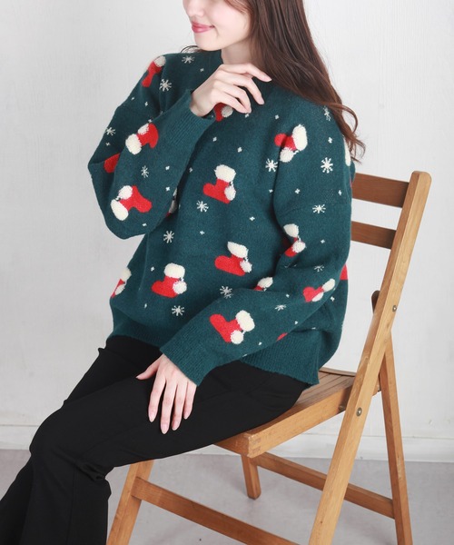 UGLY（アグリー）の「クリスマスニット ソックス柄（ニット/セーター・レディース・ダークグリーン/レッド/ブルー・FREE）」の2枚目の写真