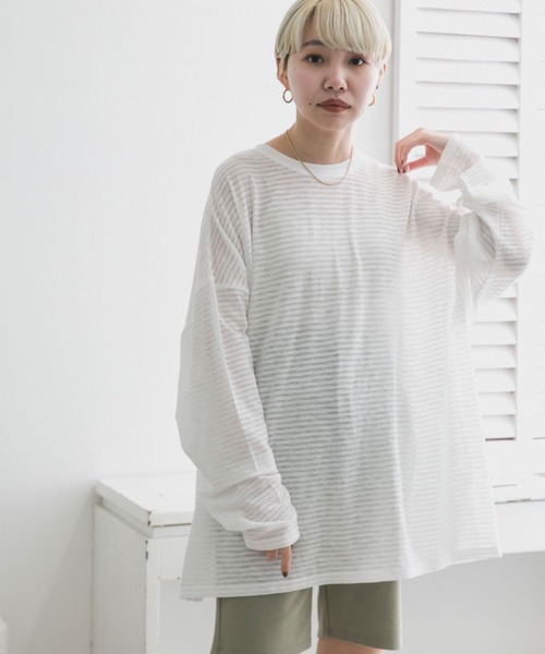 KBF（ケイビーエフ）の「シアーボーダールーズカットソー（Tシャツ/カットソー・レディース・ホワイト系その他/グリーン系その他/ブルー系その他/ピンク系その他・ONE）」の5枚目の写真