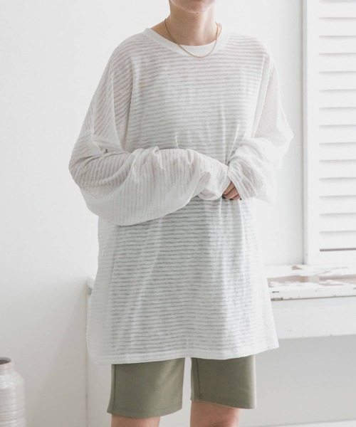 KBF（ケイビーエフ）の「シアーボーダールーズカットソー（Tシャツ/カットソー・レディース・ホワイト系その他/グリーン系その他/ブルー系その他/ピンク系その他・ONE）」の6枚目の写真