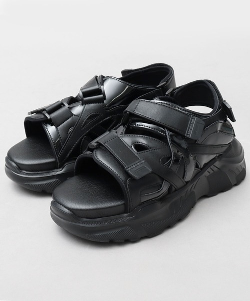 glabella（グラベラ）の「超厚底 チャンキーソール スポーツモード ストラップサンダル / ハイソール ダッド シューズ / 厚底 フェイクレザーサンダル（サンダル・メンズ・ブラック・L/M/S）」の6枚目の写真