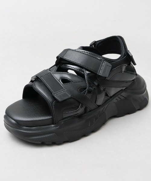 glabella（グラベラ）の「超厚底 チャンキーソール スポーツモード ストラップサンダル / ハイソール ダッド シューズ / 厚底 フェイクレザーサンダル（サンダル・メンズ・ブラック・L/M/S）」の2枚目の写真