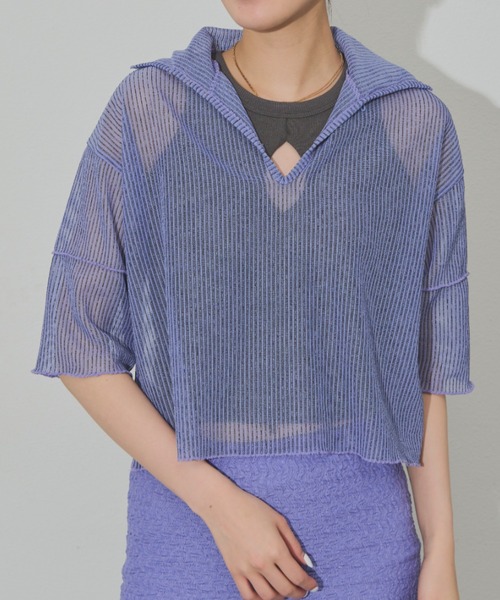 Solace(ソレイス)の「前後2WAY/ポロシアーストライプトップス(Tシャツ/カットソー・レディース・ミント/パープル/ブラック・FREE)」の3枚目の写真