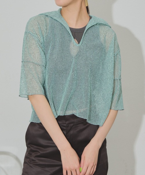 Solace(ソレイス)の「前後2WAY/ポロシアーストライプトップス(Tシャツ/カットソー・レディース・ミント/パープル/ブラック・FREE)」の11枚目の写真