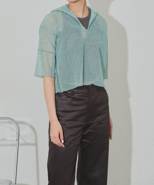 Solace(ソレイス)の「前後2WAY/ポロシアーストライプトップス(Tシャツ/カットソー・レディース・ミント/パープル/ブラック・FREE)」の10枚目の写真