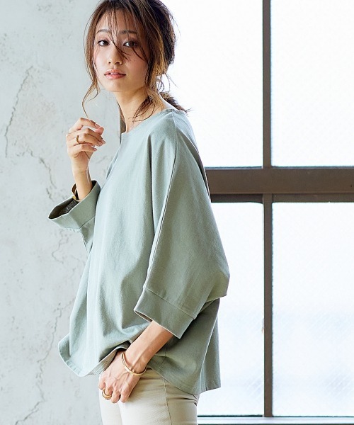 nissen（ニッセン）の「綿１００％バスクドルマントップス（７分袖）（Tシャツ/カットソー・レディース・オフホワイト/ブラック/グリーン/グレイッシュベージュ・S～Ｍ/L～LL）」の4枚目の写真