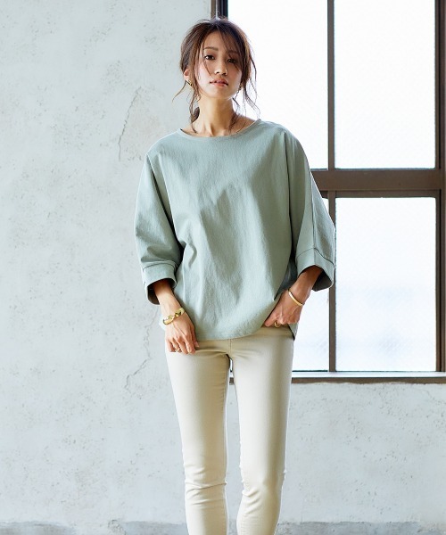 nissen（ニッセン）の「綿１００％バスクドルマントップス（７分袖）（Tシャツ/カットソー・レディース・オフホワイト/ブラック/グリーン/グレイッシュベージュ・S～Ｍ/L～LL）」の12枚目の写真