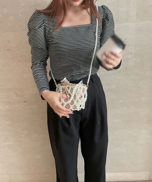 スフレパフスリプルオーバーボーダートップスパワショルTシャツブラウスカットソー 無地orボーダーパワショルデザインカットソーTシャツ - トップス