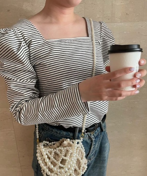 tシャツ Tシャツ 半分袖スクエアパワショルT ボーダーT トップス レディースファッション tシャツ Tシャツ 半分袖スクエアパワショルT ボーダーT トップス