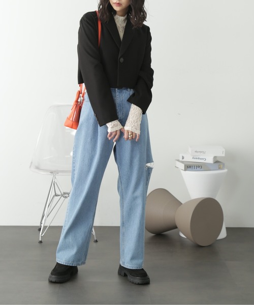 FREE'S MART（フリーズマート）の「◇[Sシリーズ対応]サイドカットタックワイドデニム（デニムパンツ・レディース・ブラック/ブルー系その他・MEDIUM/SMALL/X-SMALL）」の12枚目の写真