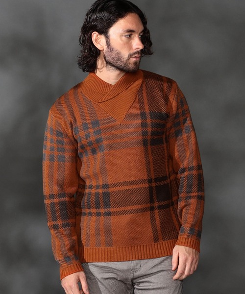 HIDEAWAYS NICOLE（ハイダウェイニコル）の「【WEB限定】ビッグチェックショールカラーニット（ニット/セーター・メンズ・オフホワイト/ブラック/ダークオレンジ/ボルドー・LARGE/X-LARGE/MEDIUM）」の4枚目の写真