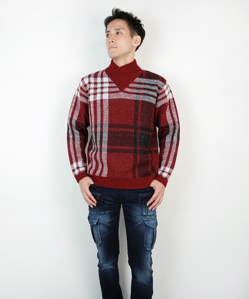 HIDEAWAYS NICOLE（ハイダウェイニコル）の「【WEB限定】ビッグチェックショールカラーニット（ニット/セーター・メンズ・オフホワイト/ブラック/ダークオレンジ/ボルドー・LARGE/X-LARGE/MEDIUM）」の5枚目の写真