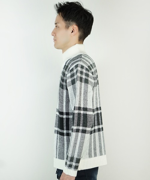 HIDEAWAYS NICOLE（ハイダウェイニコル）の「【WEB限定】ビッグチェックショールカラーニット（ニット/セーター・メンズ・オフホワイト/ブラック/ダークオレンジ/ボルドー・LARGE/X-LARGE/MEDIUM）」の6枚目の写真