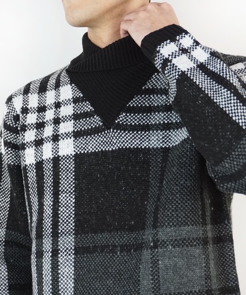 HIDEAWAYS NICOLE（ハイダウェイニコル）の「【WEB限定】ビッグチェックショールカラーニット（ニット/セーター・メンズ・オフホワイト/ブラック/ダークオレンジ/ボルドー・LARGE/X-LARGE/MEDIUM）」の8枚目の写真