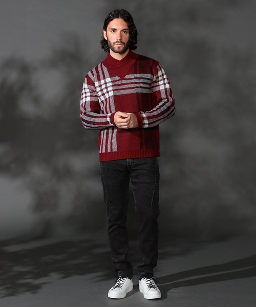 HIDEAWAYS NICOLE（ハイダウェイニコル）の「【WEB限定】ビッグチェックショールカラーニット（ニット/セーター・メンズ・オフホワイト/ブラック/ダークオレンジ/ボルドー・LARGE/X-LARGE/MEDIUM）」の9枚目の写真