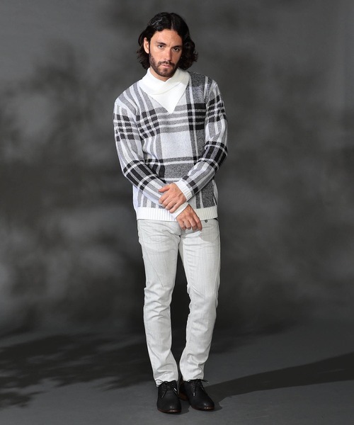 HIDEAWAYS NICOLE（ハイダウェイニコル）の「【WEB限定】ビッグチェックショールカラーニット（ニット/セーター・メンズ・オフホワイト/ブラック/ダークオレンジ/ボルドー・LARGE/X-LARGE/MEDIUM）」の10枚目の写真