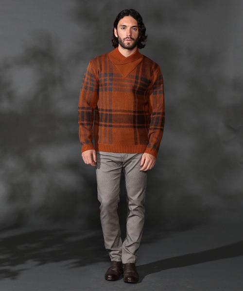HIDEAWAYS NICOLE（ハイダウェイニコル）の「【WEB限定】ビッグチェックショールカラーニット（ニット/セーター・メンズ・オフホワイト/ブラック/ダークオレンジ/ボルドー・LARGE/X-LARGE/MEDIUM）」の11枚目の写真