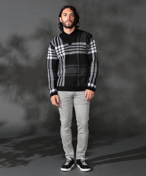 HIDEAWAYS NICOLE（ハイダウェイニコル）の「【WEB限定】ビッグチェックショールカラーニット（ニット/セーター・メンズ・オフホワイト/ブラック/ダークオレンジ/ボルドー・LARGE/X-LARGE/MEDIUM）」の12枚目の写真