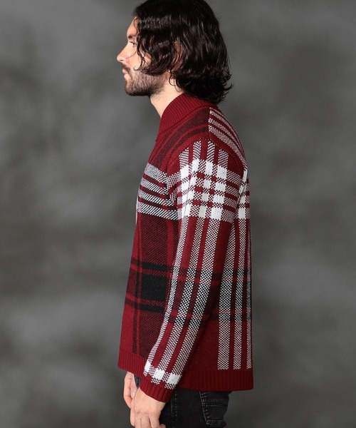 HIDEAWAYS NICOLE（ハイダウェイニコル）の「【WEB限定】ビッグチェックショールカラーニット（ニット/セーター・メンズ・オフホワイト/ブラック/ダークオレンジ/ボルドー・LARGE/X-LARGE/MEDIUM）」の14枚目の写真