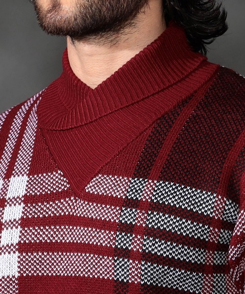 HIDEAWAYS NICOLE（ハイダウェイニコル）の「【WEB限定】ビッグチェックショールカラーニット（ニット/セーター・メンズ・オフホワイト/ブラック/ダークオレンジ/ボルドー・LARGE/X-LARGE/MEDIUM）」の15枚目の写真