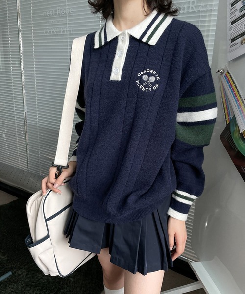 LYEON（リヨン）の「スポーティーPOLOニットプルオーバー（ニット/セーター・レディース・グリーン/アイボリー/ネイビー・FREE）」の3枚目の写真