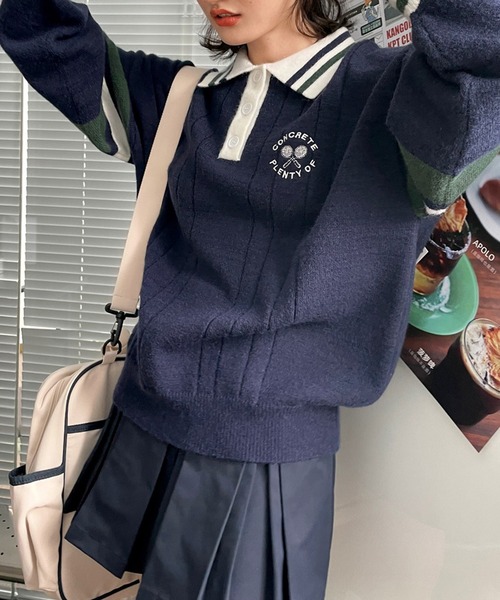 LYEON（リヨン）の「スポーティーPOLOニットプルオーバー（ニット/セーター・レディース・グリーン/アイボリー/ネイビー・FREE）」の5枚目の写真