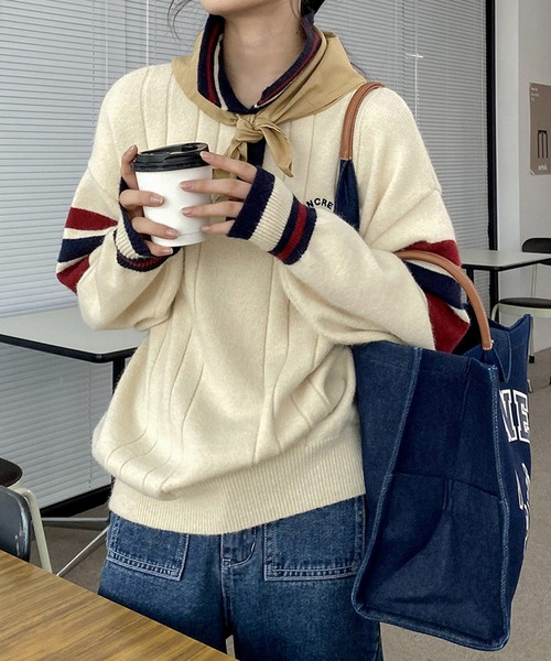 LYEON（リヨン）の「スポーティーPOLOニットプルオーバー（ニット/セーター・レディース・グリーン/アイボリー/ネイビー・FREE）」の17枚目の写真