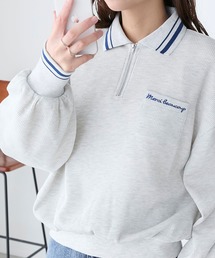 配色刺繍ハーフジップワッフルポロプルオーバー