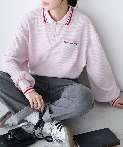 BONLECILL（ボンルシール）の「配色刺繍ハーフジップワッフルポロプルオーバー（Tシャツ/カットソー・レディース・ピンク/オートミール/ブラック/チャコールグレー・FREE）」の4枚目の写真