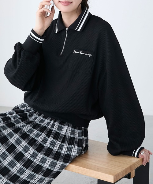 BONLECILL（ボンルシール）の「配色刺繍ハーフジップワッフルポロプルオーバー（Tシャツ/カットソー・レディース・ピンク/オートミール/ブラック/チャコールグレー・FREE）」の3枚目の写真