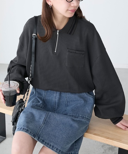 BONLECILL（ボンルシール）の「配色刺繍ハーフジップワッフルポロプルオーバー（Tシャツ/カットソー・レディース・ピンク/オートミール/ブラック/チャコールグレー・FREE）」の18枚目の写真