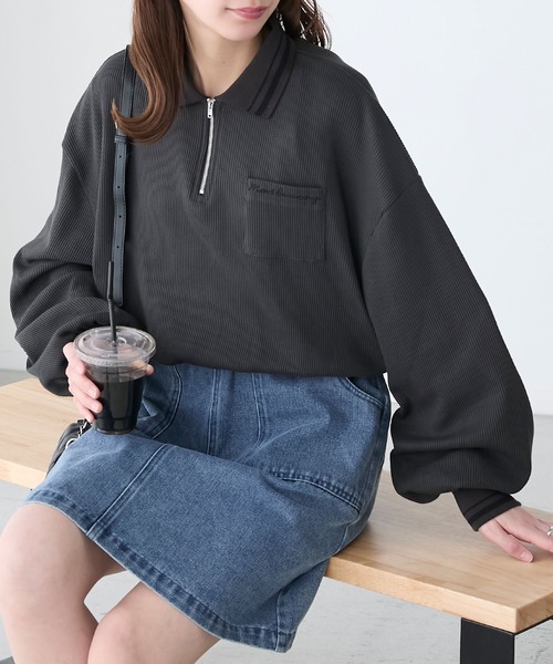 BONLECILL（ボンルシール）の「配色刺繍ハーフジップワッフルポロプルオーバー（Tシャツ/カットソー・レディース・ピンク/オートミール/ブラック/チャコールグレー・FREE）」の19枚目の写真