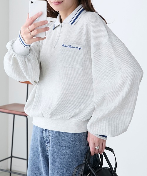 BONLECILL（ボンルシール）の「配色刺繍ハーフジップワッフルポロプルオーバー（Tシャツ/カットソー・レディース・ピンク/オートミール/ブラック/チャコールグレー・FREE）」の20枚目の写真