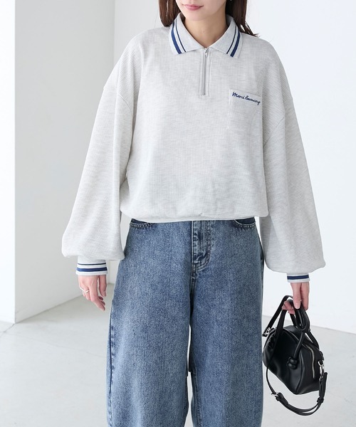 BONLECILL（ボンルシール）の「配色刺繍ハーフジップワッフルポロプルオーバー（Tシャツ/カットソー・レディース・ピンク/オートミール/ブラック/チャコールグレー・FREE）」の21枚目の写真