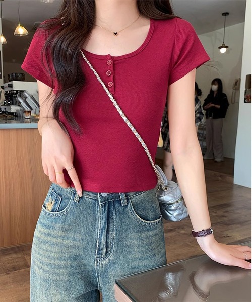 MAISON DE THERESE（メゾン ド テレーズ）の「ショート丈Uネック綿半袖Ｔシャツ（Tシャツ/カットソー・レディース・ワイン/ライトベージュ/ブラック/ホワイト/ピンク・M/S）」の16枚目の写真