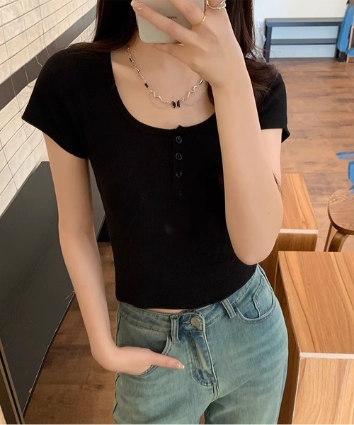 MAISON DE THERESE（メゾン ド テレーズ）の「ショート丈Uネック綿半袖Ｔシャツ（Tシャツ/カットソー・レディース・ワイン/ライトベージュ/ブラック/ホワイト/ピンク・M/S）」の6枚目の写真