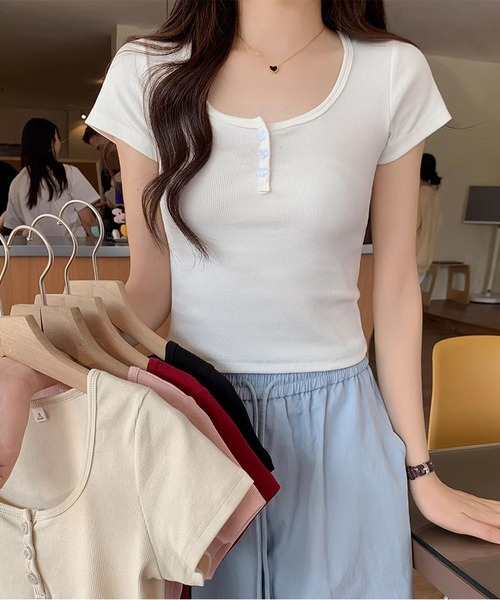 MAISON DE THERESE（メゾン ド テレーズ）の「ショート丈Uネック綿半袖Ｔシャツ（Tシャツ/カットソー・レディース・ワイン/ライトベージュ/ブラック/ホワイト/ピンク・M/S）」の21枚目の写真