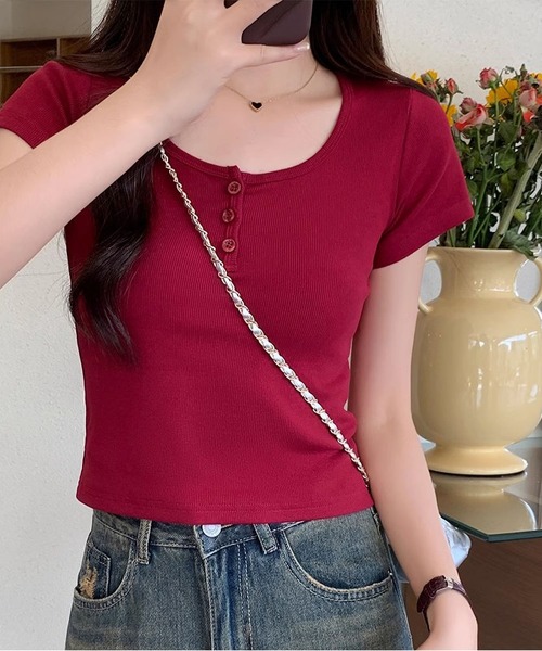 MAISON DE THERESE（メゾン ド テレーズ）の「ショート丈Uネック綿半袖Ｔシャツ（Tシャツ/カットソー・レディース・ワイン/ライトベージュ/ブラック/ホワイト/ピンク・M/S）」の15枚目の写真