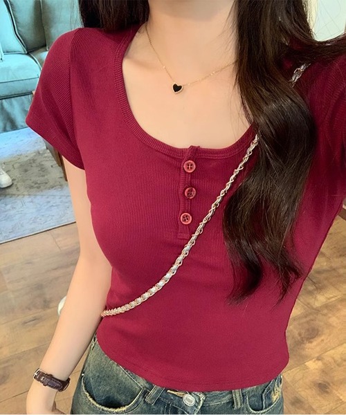 MAISON DE THERESE（メゾン ド テレーズ）の「ショート丈Uネック綿半袖Ｔシャツ（Tシャツ/カットソー・レディース・ワイン/ライトベージュ/ブラック/ホワイト/ピンク・M/S）」の14枚目の写真