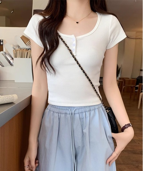 MAISON DE THERESE（メゾン ド テレーズ）の「ショート丈Uネック綿半袖Ｔシャツ（Tシャツ/カットソー・レディース・ワイン/ライトベージュ/ブラック/ホワイト/ピンク・M/S）」の22枚目の写真