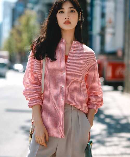 23区 S（ニジュウサンクチイサイサイズ）の「【洗える】LIBECO バンドカラー シャツ（シャツ/ブラウス・レディース・ホワイト系/カーキ系/ブラック系/オレンジ系1/ブルー系1/ライトグリーン系1/ベージュ系2/ホワイト系2/カーキ系1・32）」の9枚目の写真