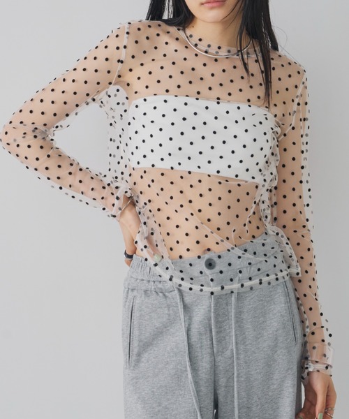 Aunt Marie's（アントマリーズ）の「シアードットチュールトップス（Tシャツ/カットソー・レディース・ネイビー/ホワイト/ブラック・FREE）」の5枚目の写真