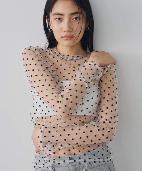 Aunt Marie's（アントマリーズ）の「シアードットチュールトップス（Tシャツ/カットソー・レディース・ネイビー/ホワイト/ブラック・FREE）」の4枚目の写真