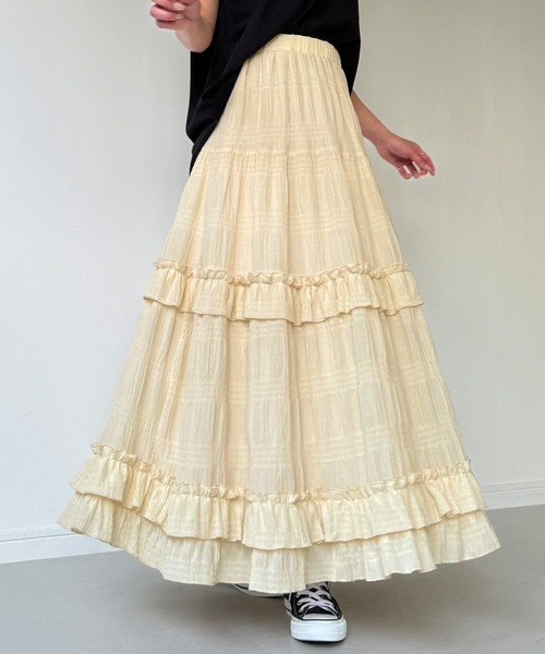 JUNOAH（ジュノア）の「シアーティアードフリルスカート（スカート・レディース・ブラック/イエロー系その他/ホワイト・MEDIUM/LARGE/X-LARGE）」の3枚目の写真