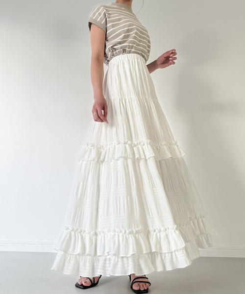 JUNOAH（ジュノア）の「シアーティアードフリルスカート（スカート・レディース・ブラック/イエロー系その他/ホワイト・MEDIUM/LARGE/X-LARGE）」の4枚目の写真