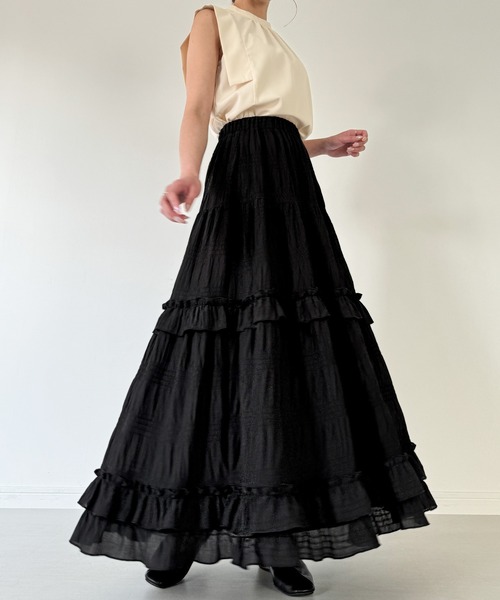JUNOAH（ジュノア）の「シアーティアードフリルスカート（スカート・レディース・ブラック/イエロー系その他/ホワイト・MEDIUM/LARGE/X-LARGE）」の8枚目の写真