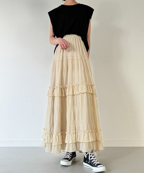 JUNOAH（ジュノア）の「シアーティアードフリルスカート（スカート・レディース・ブラック/イエロー系その他/ホワイト・MEDIUM/LARGE/X-LARGE）」の12枚目の写真