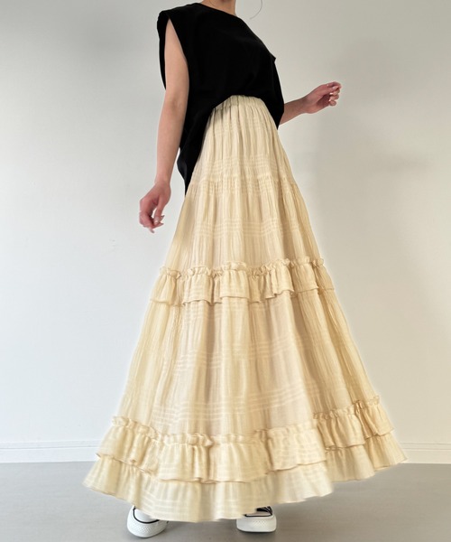 JUNOAH（ジュノア）の「シアーティアードフリルスカート（スカート・レディース・ブラック/イエロー系その他/ホワイト・MEDIUM/LARGE/X-LARGE）」の14枚目の写真