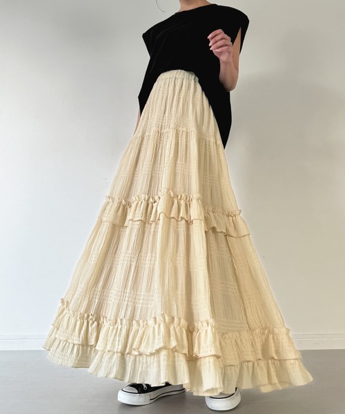 JUNOAH（ジュノア）の「シアーティアードフリルスカート（スカート・レディース・ブラック/イエロー系その他/ホワイト・MEDIUM/LARGE/X-LARGE）」の18枚目の写真