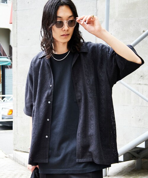 FREAK'S STORE(フリークスストア)の「FREAK’S STORE/フリークスストア インド製 リラックスフィット レース編み オープンカラーシャツ ショートスリーブ(シャツ/ブラウス・メンズ・ホワイト/ブラック・MEDIUM/LARGE)」の1枚目の写真